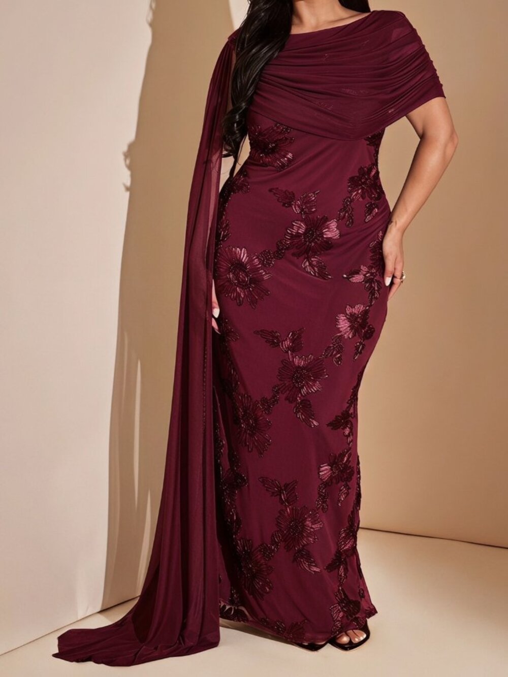 Burgundy Preppy Women's Fitted Floral Embroidered Maxi Dress